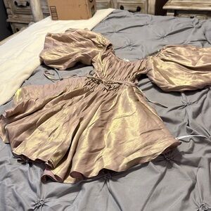 Shimmering Puff Sleeve Mini Dress in Rose Gold